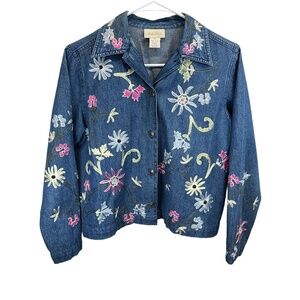 Vintage Studio Works Petite Denim Floral Embroidered Button Up Jacket Size PS